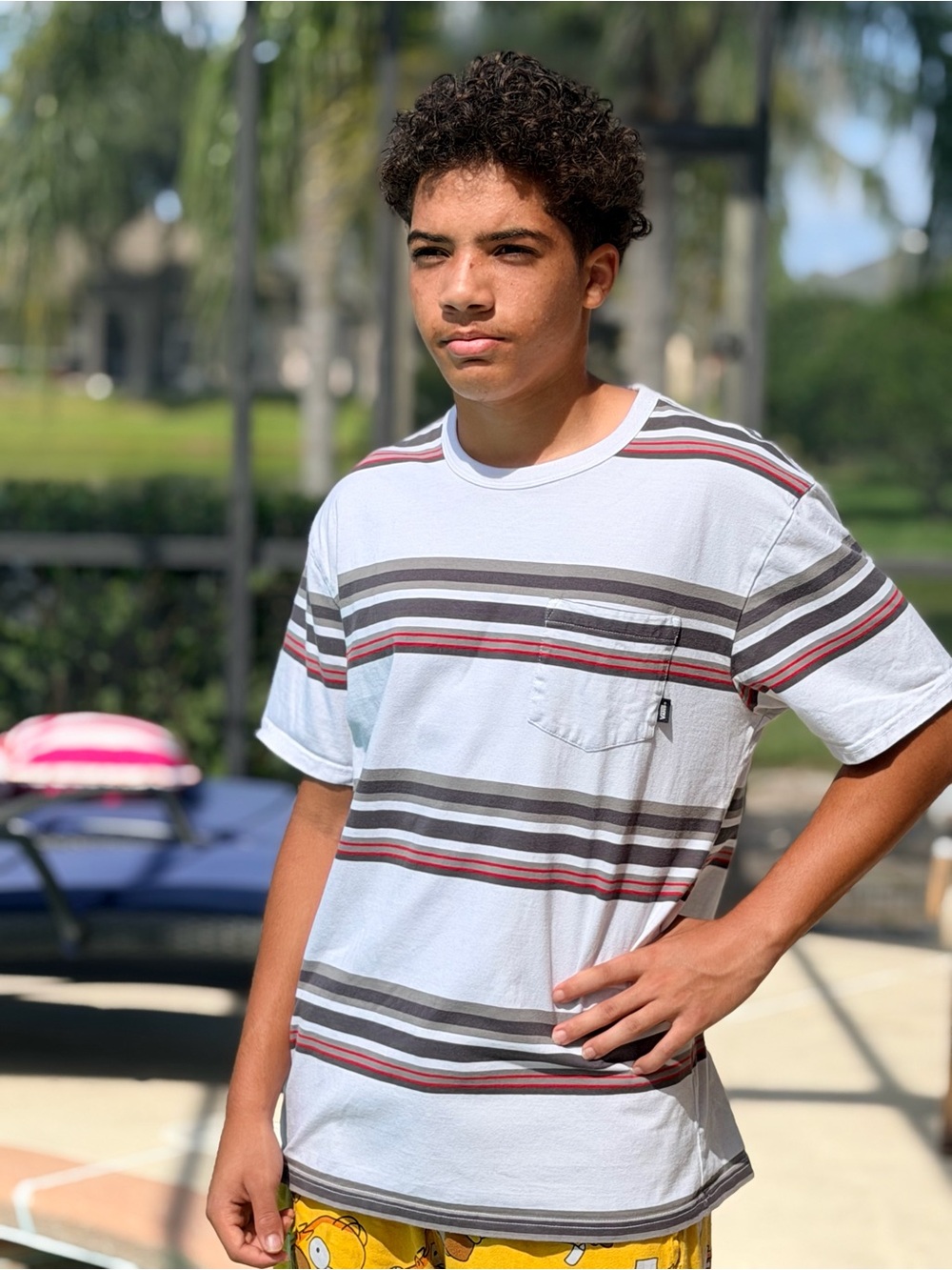 Vans White Short-Sleeve Striped Pocket Tee with Red & Gray Accents